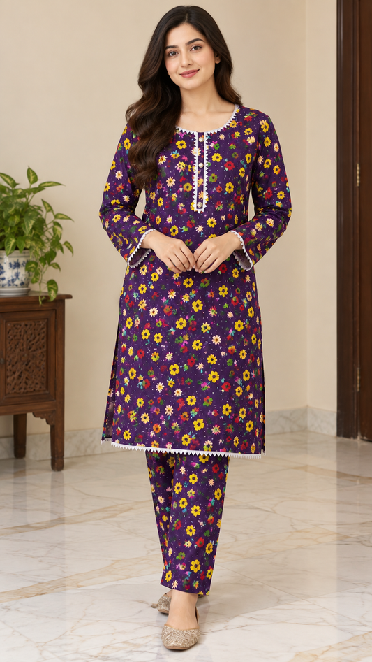 Deep Purple Multicolor Floral China Wool 2-Piece Stitched Suit